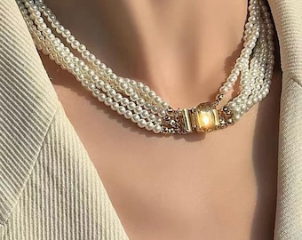Vintage Triple Strand Pearl Necklace, Gold Crystal Clasp, Bridal Collar