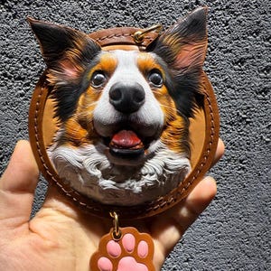 Llavero de cuero con retrato de mascota en 3D tallado a mano - Dije personalizado con cara de perro y gato - Regalo conmemorativo para mascotas hecho a medida en cuero