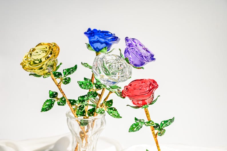 Crystal Glass Rose Bouquet Valentine's Gift, Handmade Crystal Flower ...