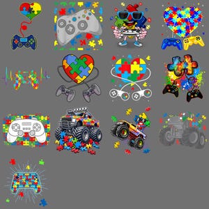 May include: A collection of colorful graphic designs featuring puzzle pieces and video game controllers. The designs include hearts, monster trucks, and controller illustrations, all with a playful and vibrant aesthetic. The color palette includes red, yellow, blue, and green.