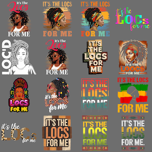Puede incluir: Una colección de diseños gráficos con ilustraciones de mujeres con rastas, acompañadas de las frases "It's the Locs for Me" y "Loc'd". Los diseños incorporan varios esquemas de color y estilos artísticos, adecuados para ropa o accesorios.
