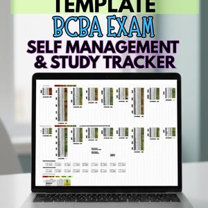 May include: A laptop displaying a Google Sheets template for the BCBA exam. The screen shows a self-management and study tracker with a grid-like layout. Text at the top reads "GOOGLE SHEETS TEMPLATE" and "BCBA EXAM". The bottom text says "INSTANT DOWNLOAD".
