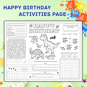 Puede incluir: Una página de actividades de Feliz Cumpleaños en blanco y negro con ilustraciones de dinosaurios y varios juegos, incluyendo sopas de letras, un laberinto y un crucigrama. La página también presenta tres en raya y una búsqueda de palabras.