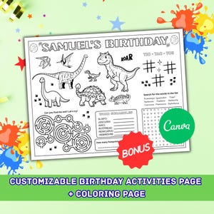 Puede incluir: Una página de actividades de cumpleaños con temática de dinosaurios en blanco y negro con el texto "SAMUEL'S BIRTHDAY" y varios juegos, incluyendo un laberinto, crucigramas y tres en raya. La página también incluye el texto "CUSTOMIZABLE BIRTHDAY ACTIVITIES PAGE + COLORING PAGE."