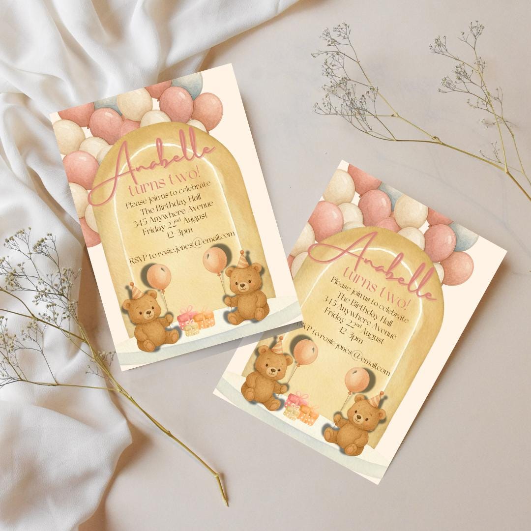 Editable Teddy Bear Birthday Invitation Neutral Pastel Canva Template ...