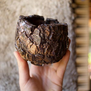 Könnte beinhalten: Eine kleine, runde, dunkelbraune Keramikschale mit einer stark texturierten, rissigen und unebenen Oberfläche. Die Außenseite weist einen metallischen Bronzeglanz in den tiefen Spalten des dunklen, rauen und verwittert wirkenden Tons auf.