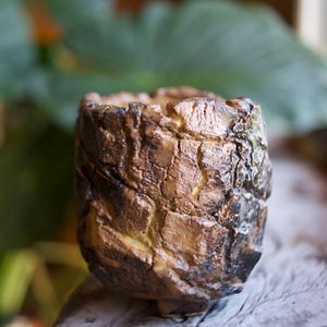 Op de afbeelding: Een cilindervormige keramische beker met een sterk getextureerd, ruw buitenoppervlak. Het vat heeft een donkerbruin en beige kleurenpalet met een gebarsten, steenachtig uiterlijk en een onregelmatige, gekartelde rand. De afwerking glanst op plekken.