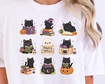 Black Cat Witch Halloween Tee, Paws & Spells Bookish Shirt, Garment-Dyed Cotton