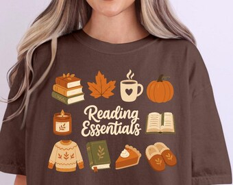 Reading Essentials Tee, Fall Book Lover Shirt, Cozy Autumn Bookworm Gift