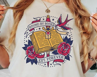 Bound by Books open book design T-Shirt | swallow roses reading illustration