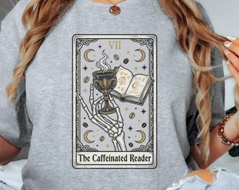 The Caffeinated Reader T-Shirt | Tarot Cauldron, Moon & Spellbook Illustration
