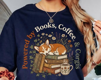 Sleeping Corgi on Books T-Shirt | Book Lover Coffee Cozy Reading Shirt