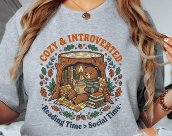 Cozy Introverted Bear T-Shirt | Reading Time Over Social Time Tee