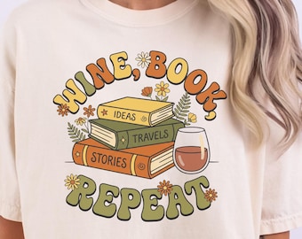 Vin, bok, upprepning T-shirt | Läsning & vinhög illustration