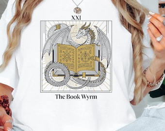 Dragon Reading Tarot The Book Worm T-Shirt | Tarot Bookworm Illustration