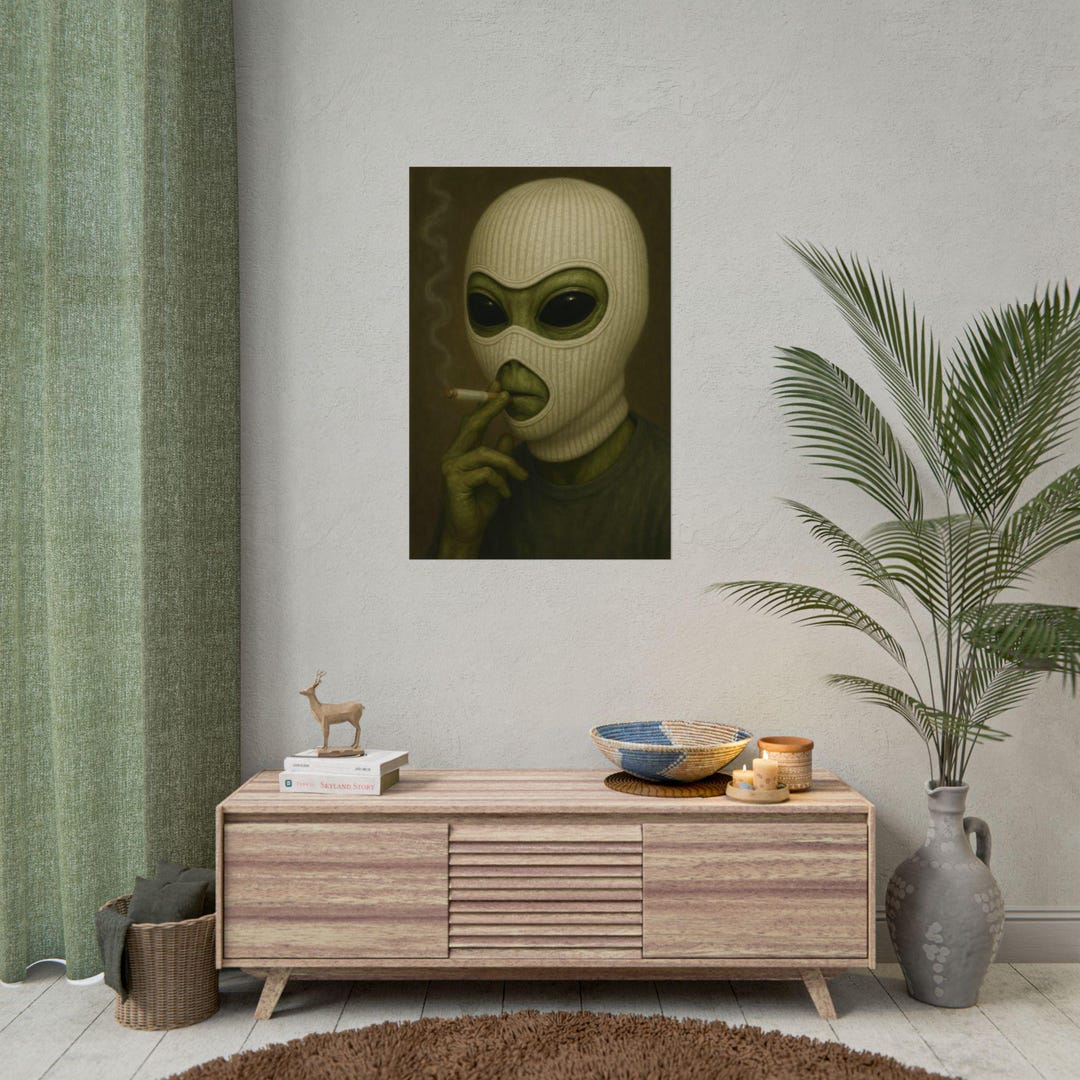 Alien in Ski Mask Smoking Cigarette Rolled Posters | Surreal Art Print ...