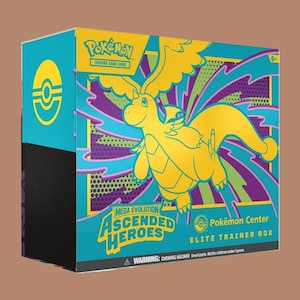 May include: A Pokémon Elite Trainer Box featuring a yellow Dragonite illustration on a teal, purple, and yellow background. The box includes the text "MEGA EVOLUTION ASCENDED HEROES" and "Pokémon Center ELITE TRAINER BOX".