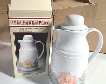 Jarra térmica vintage de 1.0 l con aislamiento para frío y calor, diseño floral rosa con caja