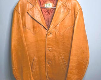 Blazer estilo western vintage de piel auténtica color canela de los años 70, fabricado en México, 44 Tijuana