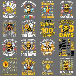 May include: A collection of graphic designs featuring cartoon bees with the text "I Can't Beelieve It's Been 100 Days". The designs include bees with glasses, pencils, and other decorative elements. The color palette includes yellow, black, and white.