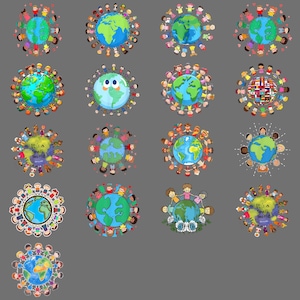 以下が含まれることがあります： 様々な子供たちが手をつないでいる地球儀のカラフルなイラストのコレクション。一部の地球儀には「It's a Small World」というテキストが表示されています。このアートワークは灰色の背景に設定されており、活気に満ちた包括的なテーマを作り出しています。