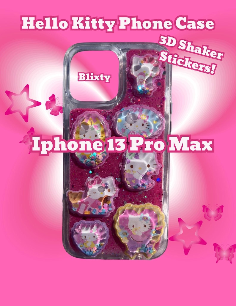 iPhone 13 Pro Max READY TO SHIP Hello Kitty 3D Water Shaker Sticker Handmade Resin Phone Case image 1