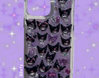Funda para teléfono con pegatina 3D de Kuromi, hecha a mano, hecha a pedido, conejito morado brillante de resina, cualquier modelo de teléfono, BonBon Drop