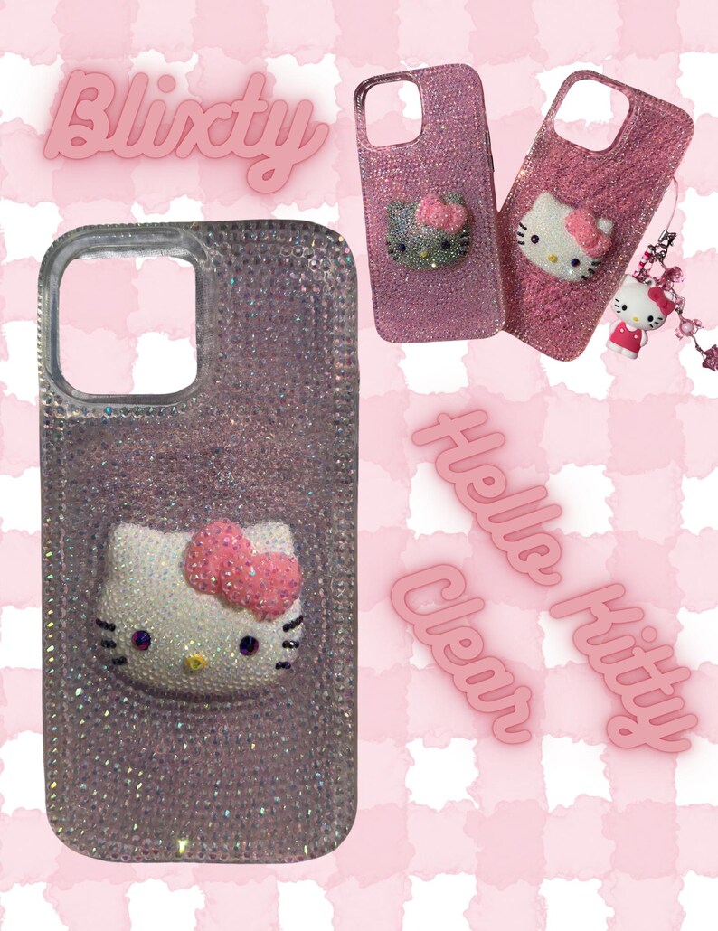 May include: Pink and clear phone cases with Hello Kitty designs. One case is covered in rhinestones, while others feature a Hello Kitty face with a pink bow. The word "Blixity" is displayed in pink, along with the words "Hello Kitty" and "Clear".