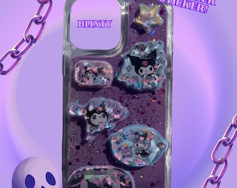 Pegatina 3D de Kuromi Shaker, hecha a mano, hecha a pedido, con diseño de gato morado brillante, funda de resina para teléfono, estilo Y2K Kawaii, cualquier modelo de teléfono.