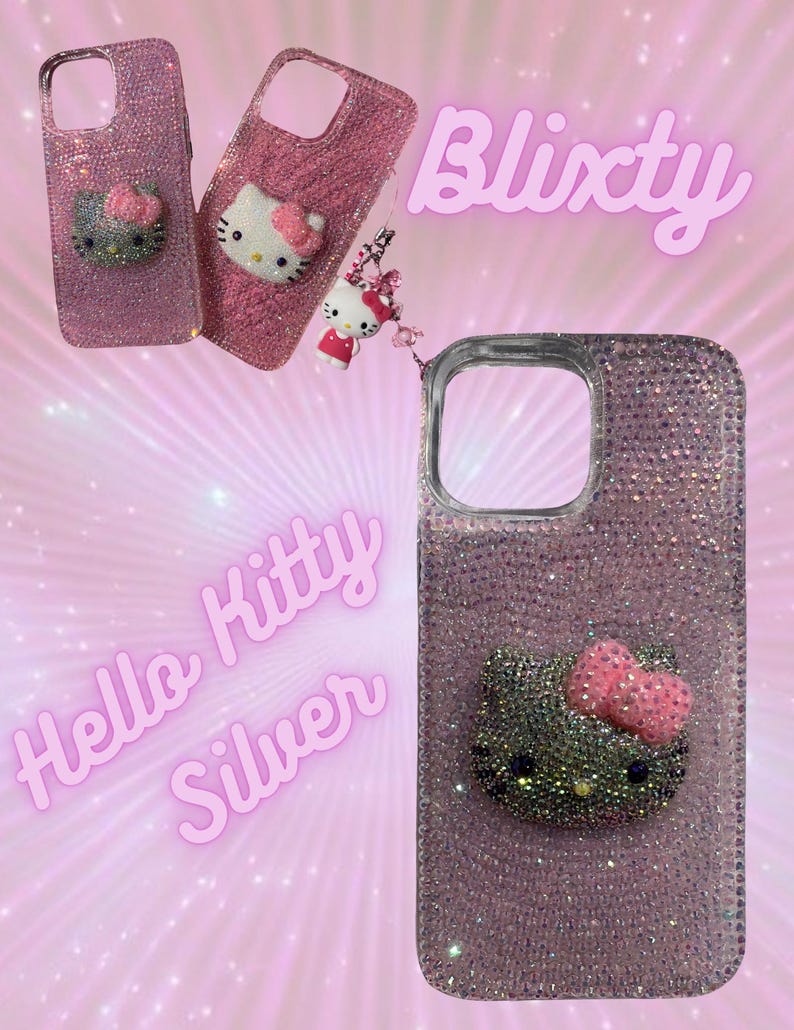 Puede incluir: Fundas de tel&eacute;fono rosas con pedrer&iacute;a con dise&ntilde;os de Hello Kitty. Las fundas tienen un aspecto brillante y brillante e incluyen un dije de Hello Kitty. Los textos "Blixity" y "Hello Kitty Silver" son visibles.
