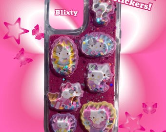 Funda para teléfono con diseño de Hello Kitty, con pegatinas 3D de agua, hecha a mano y hecha a medida, de resina rosa brillante para cualquier modelo de teléfono.
