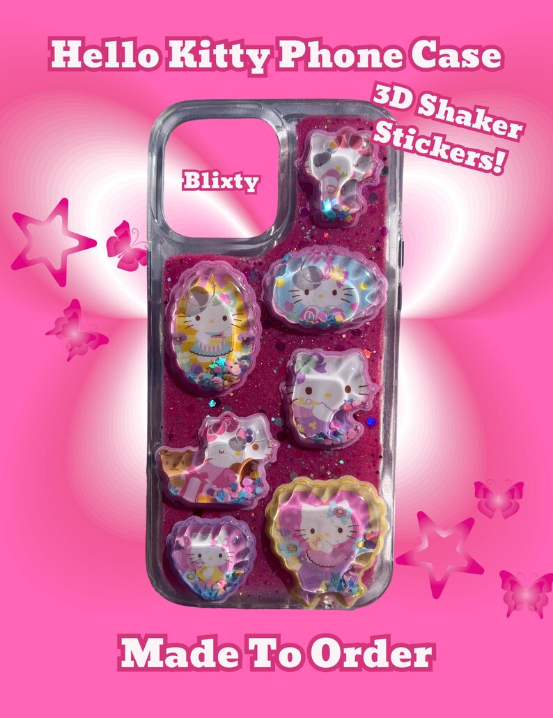 Naklejka wodna Hello Kitty 3D, ręcznie robiona na zamówienie, z motywem kota w kolorze różowym, lśniąca, żywiczna, do każdego modelu telefonu zdjęcie 1