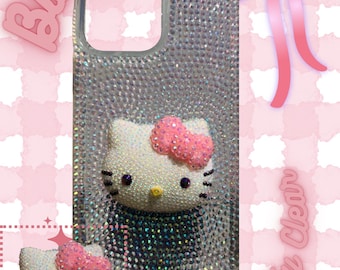 Funda para teléfono con diamantes de imitación de Hello Kitty, transparente, hecha a mano, estilo kawaii Y2K, para cualquier modelo de teléfono.
