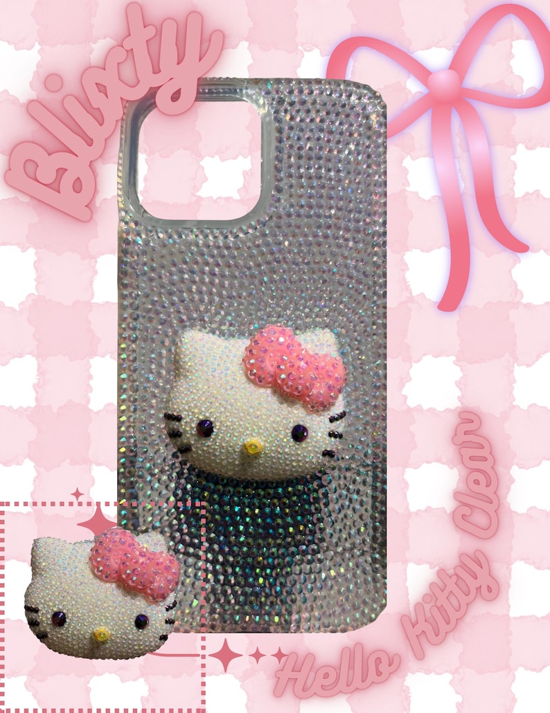 May include: A clear phone case covered in small, sparkling rhinestones. The case features a 3D Hello Kitty design with a pink bow. The background is pink with the words "Blixity" and "Hello Kitty Clear" in pink.