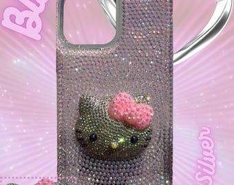 Funda para teléfono Hello Kitty plateada, hecha a mano y con diamantes de imitación, con brillo plateado para cualquier modelo de teléfono.