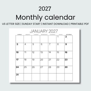 Puede incluir: Calendario mensual en blanco y negro para enero de 2027. El texto "Calendario mensual" y "2027" están en la parte superior. La cuadrícula del calendario es sencilla, con fechas y días de la semana.