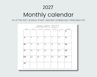 2027 Monthly Calendar Printable, US letter size, Sunday Start, Pdf, Instant Download