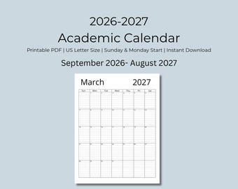 Calendario académico 2026-2027, planificador mensual con renglones (descarga digital)