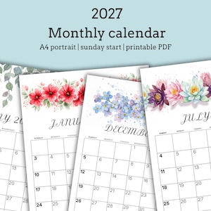 May include: A collection of 2027 monthly calendars with floral watercolor designs. Each calendar features a different month, with the month's name and year displayed prominently. The calendars are A4 portrait format and start on Sundays.