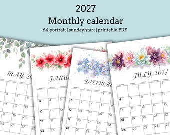 2027 Monthly calendar, Sunday Start, Elegant Watercolor Flowers, A4 Portrait, Printable PDF, Digital Download
