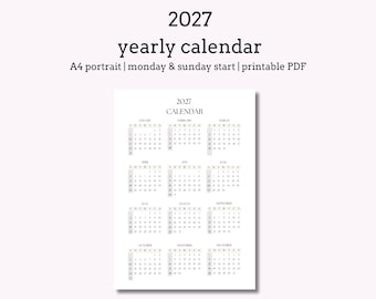 2027 Yearly Calendar Printable, Minimalist Calendar, A4 Portrait, Monday & Sunday start