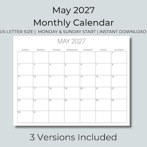 Op de afbeelding: Een afdrukbare maandkalender voor mei 2027 in US Letter-formaat. Het raster toont zwarte lijnen op een witte achtergrond met de tekst May 2027 bovenaan. De dagen van de week staan vermeld van zondag tot zaterdag. De kalender bevat 31 genummerde dagen.