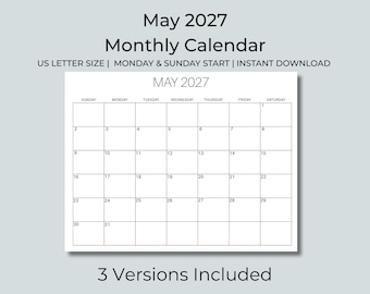 Calendario stampabile di maggio 2027, con righe e senza righe, festività statunitensi, agenda mensile, download immediato.