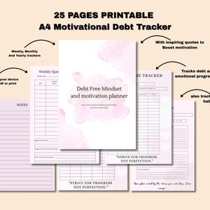 May include: A printable A4 motivational debt tracker with 25 pages. The planner includes weekly, monthly, and yearly trackers. It features inspiring quotes, tracks debt and emotional progression, and also tracks money habits. The planner is available as a PDF.