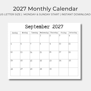 以下が含まれることがあります： 2027年9月の月間カレンダーページで、日曜始まりです。ヘッダーには「2027 Monthly Calendar, US Letter Size, Monday & Sunday Start, Instant Download」と記載されています。グリッドには1日から30日までの日付が白黒で表示されています。