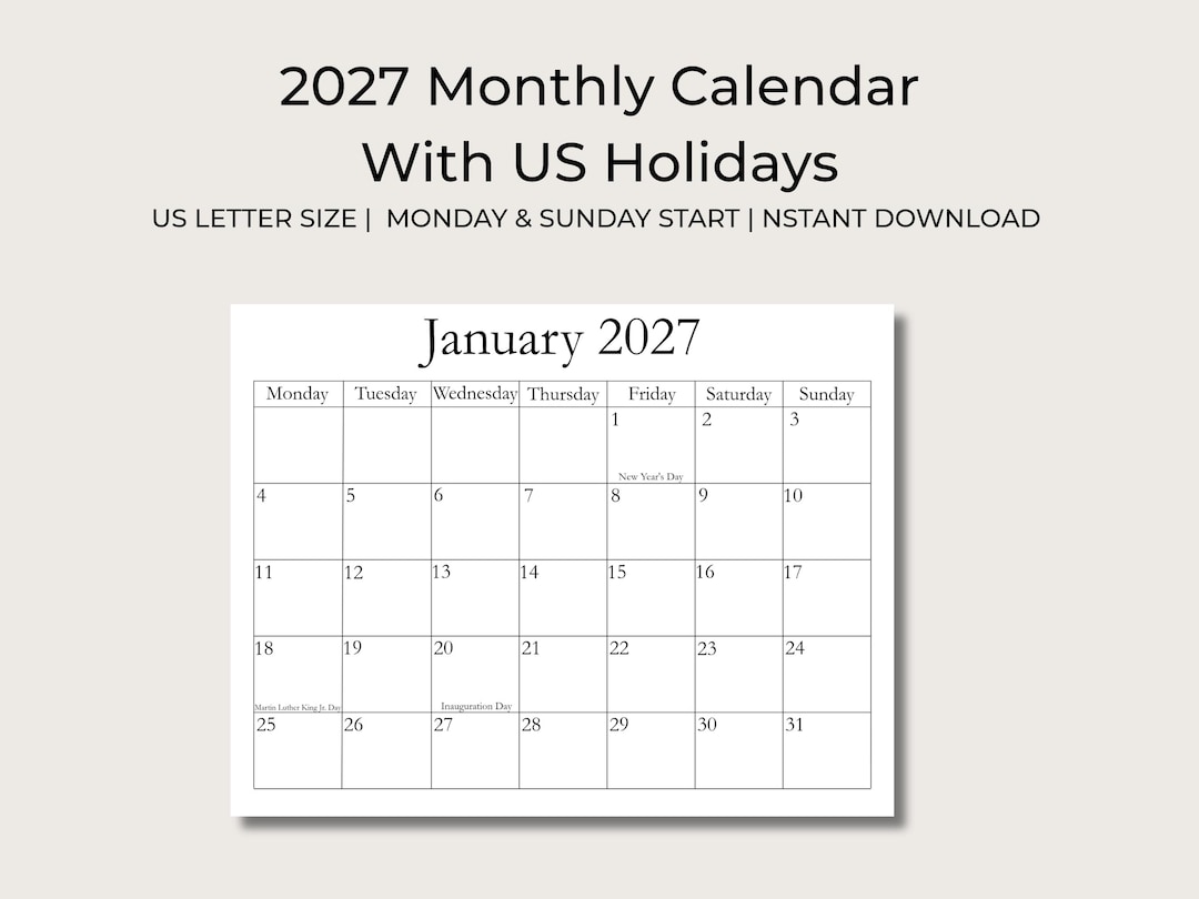 2027 Monthly Calendar Printable, US Holidays, US Letter Size (sunday