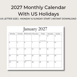 May include: A white 2027 monthly calendar with US holidays. The calendar starts on Monday and Sunday. The month of January is displayed with dates and days of the week. The text "2027 Monthly Calendar With US Holidays" is at the top.