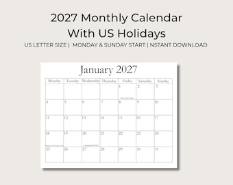 Calendario mensile stampabile 2027, festività statunitensi, formato US Letter (inizio domenica/lunedì) (download PDF)