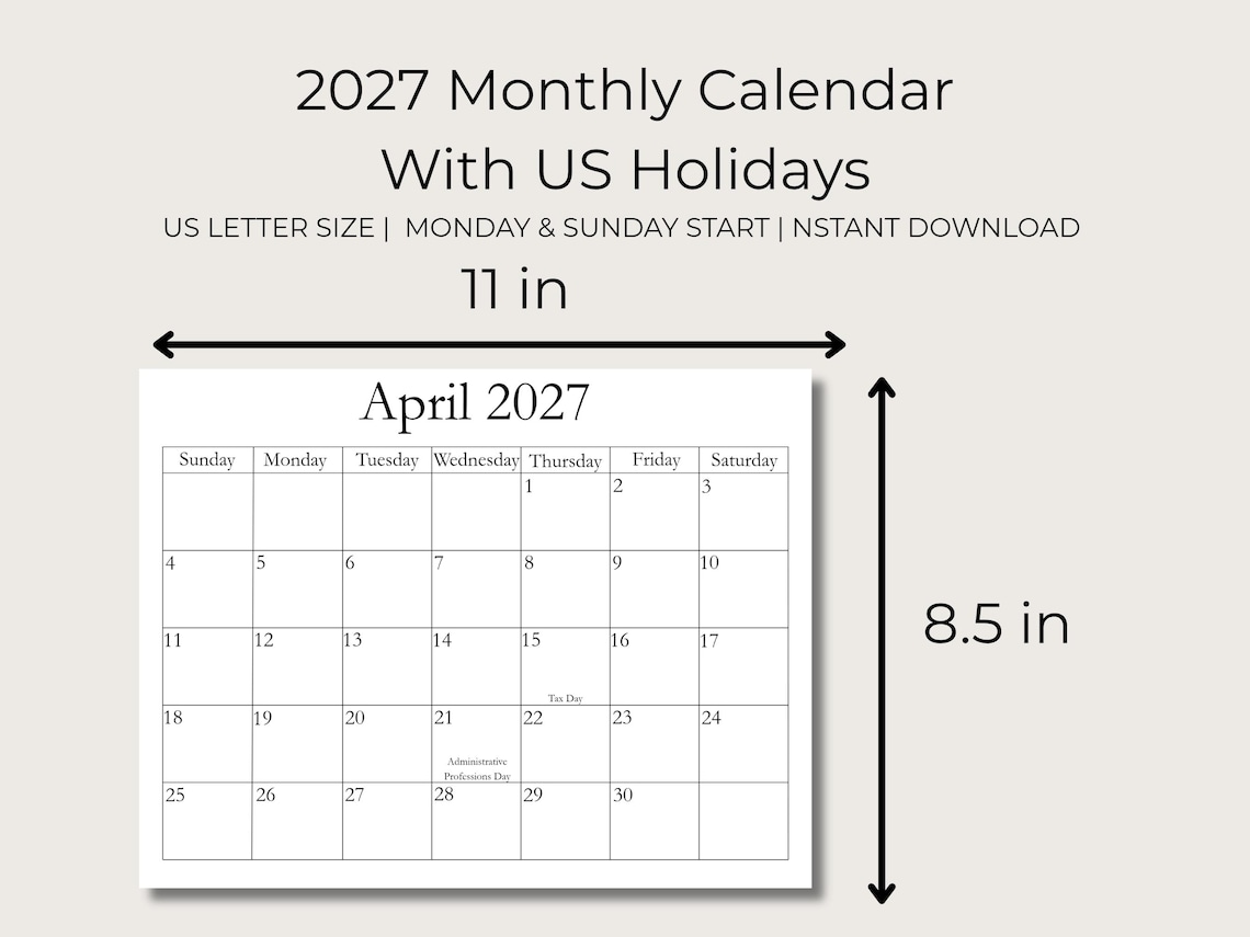 2027 Monthly Calendar Printable, US Holidays, US Letter Size (sunday