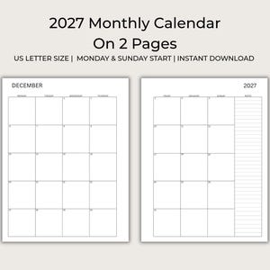 Peut inclure: Un modèle de calendrier mensuel 2027 présenté sur deux pages au format lettre US. La mise en page comprend une grille pour décembre avec du lundi au jeudi sur la première page et du vendredi au dimanche plus une colonne de notes sur la seconde.